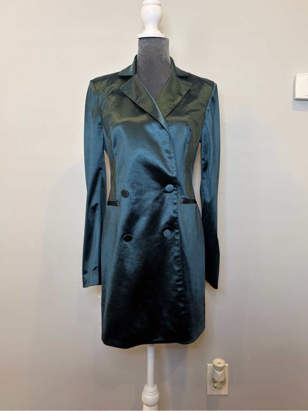 Nookie Dark Emerald Satin Double-Breasted Blazer Midi Dress